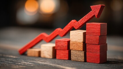 Striking red arrow positioned on a wooden block symbolizing decline in automated breakout tier icon concept trends