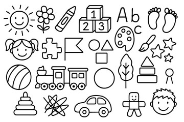 Preschool doodle set with learning & play elements. Black and white outline icons for kindergarten & education. Vector cartoon drawings of toys, train, car, letters, numbers.