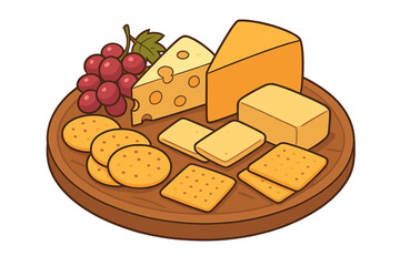Cheese platter with assorted cheeses, crackers, and grapes. Cartoon vector illustration of a charcuterie board appetizer for a party. Isolated food snack on a wooden tray.