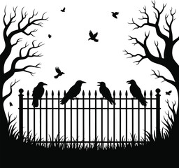 Fototapeta premium Silhouetted crows perched on fence birds trees