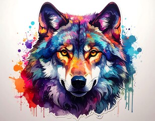 Vibrant wolf portrait with abstract splashes