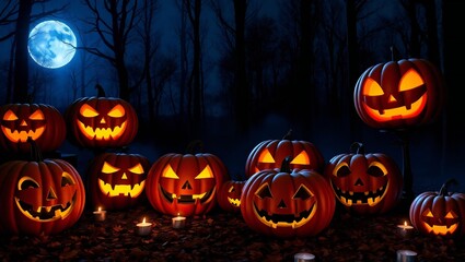 Fototapeta premium Spooky jack o lanterns glow in the moonlight on halloween night