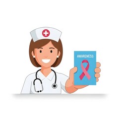 Smiling nurse holding a pink ribbon leaflet for breast cancer awareness month. A medical concept for women's health, prevention, and support