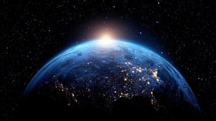 Obraz premium Earth from space showing illuminated continents with city lights at night, sunrise on the horizon, detailed view of our planet's surface