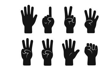 Hand gesture icons set counting from one to five. Black silhouette collection of finger signs. Minimalist vector design with fist, palm, and peace symbol. Cartoon hands.