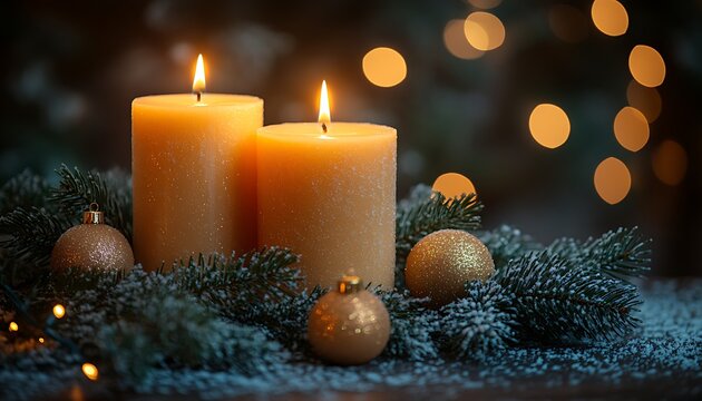 Two lit orange pillar candles with pine branches and golden baubles Christmas - Powered by Adobe