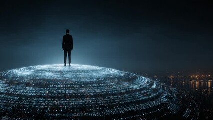 A figure stands on a digital sphere, overlooking a city at night, illuminated by binary code. - Powered by Adobe