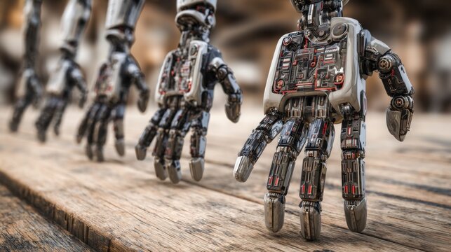 Robot walking on wooden surface representing programmable financial portfolio concept in innovative technology