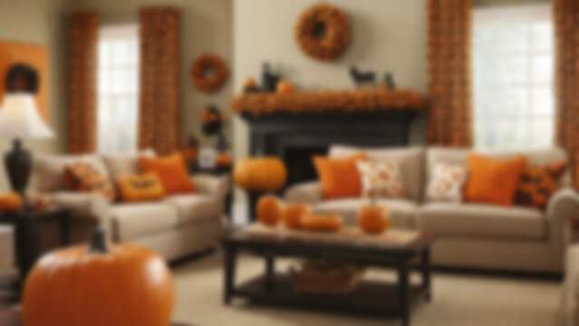 Blurred image of living room with hellowin day theme, featuring hellowin accessories on the wall, blurry hellowin wallpaper.