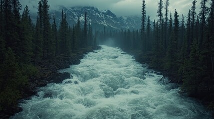Majestic Mountain River Rapids Surrounded by Evergreen Forest Landscape View