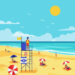 Fototapeta premium A vibrant beach scene featuring sunbathers, a lifeguard, and a clear blue sky.