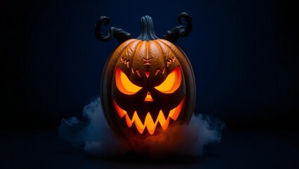 Scary jack o lantern with glowing eyes and smoke on dark background