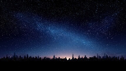 Naklejka premium Stunning night sky with a clear view of the Milky Way galaxy over a city skyline illuminated by faint lights under a dark starry sky