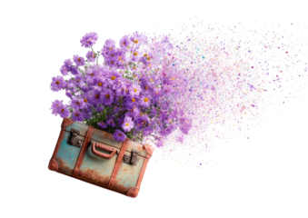 Vintage suitcase filled with flowers, exploding color