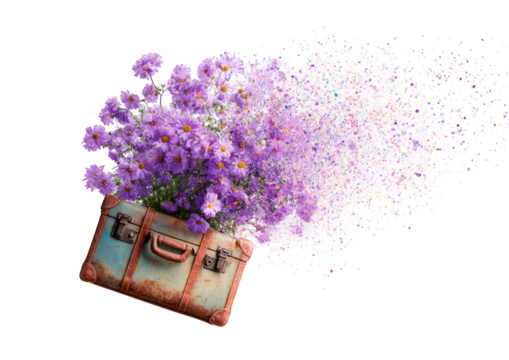 Vintage suitcase filled with flowers, exploding color