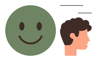 Large green smiling face next to profile of a person with short hair and thin lines indicating dialogue. Ideal for communication, positivity, feedback, teamwork, happiness, interaction, simple flat