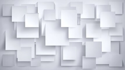 Abstract white layered paper or cardboard squares arranged in a modern geometric pattern with shadows and depth, minimalistic design background
