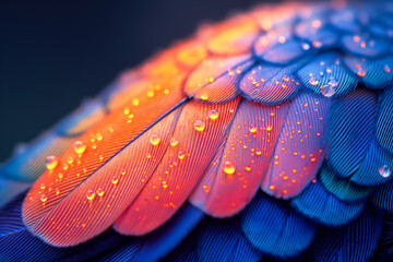 Vibrant colorful feather macro sparkling water droplet displays intricate texture gradient orange red blue hue creates unique abstract nature background design.