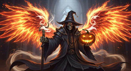 Spooky Grim Reaper with blazing fiery wings holding a glowing jack o'lantern, Halloween fantasy art