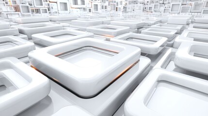Futuristic white geometric abstract architecture with interconnected rectangular structures in a bright minimalistic environment