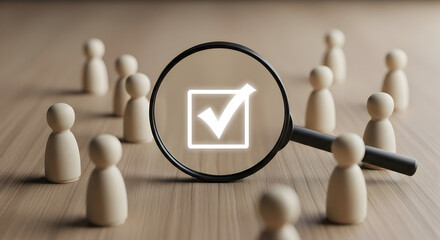 Magnifying glass focuses on a checklist, highlighting successful candidate selection from a pool of applicants.