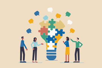 Diverse team collaborates to build a colorful puzzle lightbulb symbolizing innovation and shared ideas