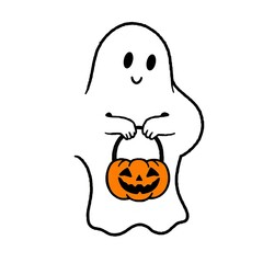 Obraz premium Cute cartoon ghost holding a jack o lantern candy bucket for halloween