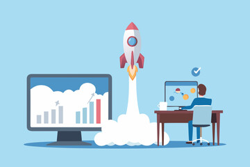 Obraz premium Business growth and success symbolized by a rocket launching next to a computer displaying a positive financial chart
