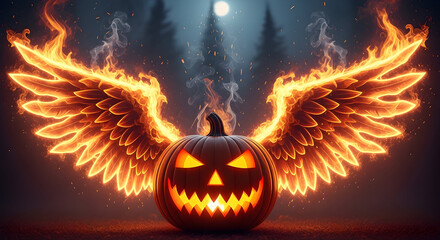 Burning Halloween pumpkin with fiery wings and autumn leaves, perfect for spooky holiday designs and events