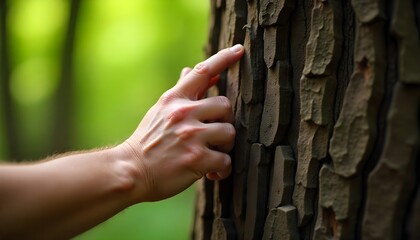 A person's hand rests on a tree trunk, highlighting the significance of biodiversity and sustainable forest management