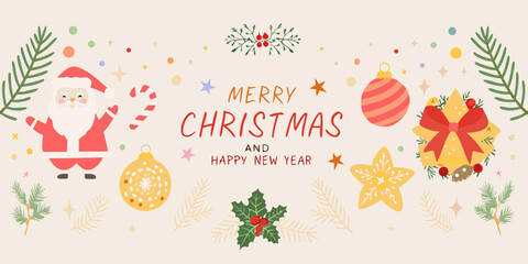 Charming merry christmas and happy new year greeting card with santa claus and festive ornaments © Apurba