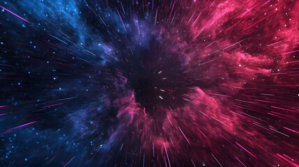 Fototapeta premium The image showcases a surreal abstract wormhole with streaks of light, nebulae, and star-like formations, blending cool blues and purples with vibrant reds and pinks for depth.