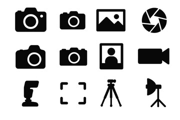 Photography icons set. Photo and video equipment solid glyphs collection. Camera, dslr, picture, aperture, flash, tripod, portrait, studio light silhouette vector symbols.