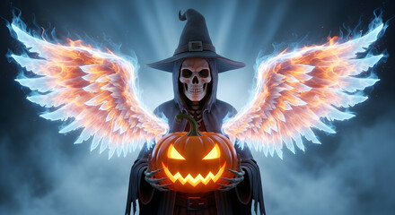 Embrace the eerie atmosphere of Halloween with this spectral Grim Reaper holding a glowing pumpkin ethereal wings, a captivating image for any project needing a touch of the macabre.