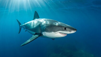 Naklejka premium Great white shark swimming in blue ocean depths