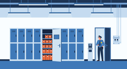 Obraz premium Secure storage facility with officer monitoring digital access control systems and rows of lockers containing packages