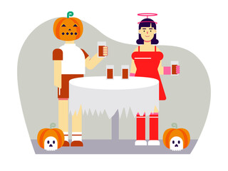 People wearing Halloween costume and enjoy Halloween night. Trick or treat vector illustrations. Flat vector illustrations packs.