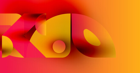 Abstract graphic design features bold text overlaying vibrant orange, red gradients. Shapes create dynamic composition, modern aesthetic.