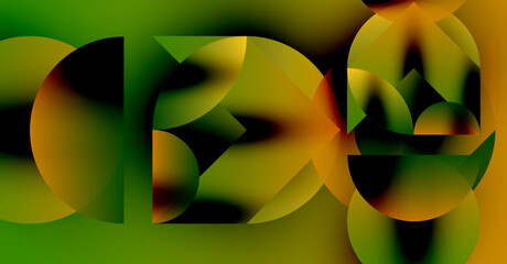Obraz premium Abstract composition featuring overlapping circles, triangles. Colors blendgreens, browns, orangescreating dynamic visual effect. Modern design.