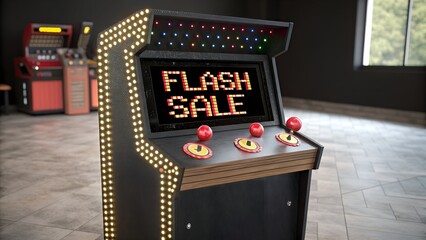Retro arcade machine flashes 'FLASH SALE' on its pixelated screen with glowing joysticks alongside, black friday deal 