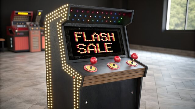 Retro arcade machine flashes 'FLASH SALE' on its pixelated screen with glowing joysticks alongside, black friday deal 