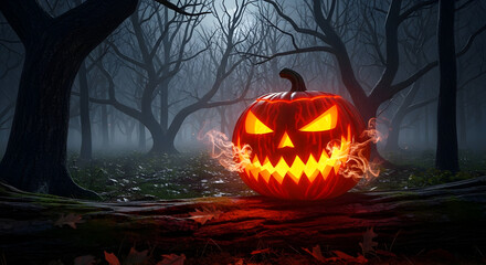 Naklejka premium Burning Jack O'Lantern in spooky forest Halloween scene with glowing flames and eerie atmosphere