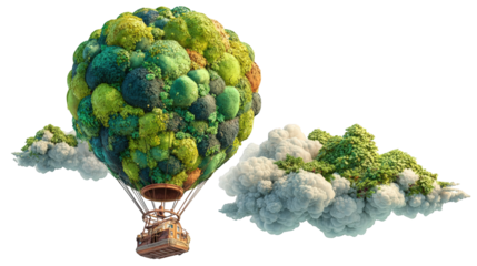A whimsical hot air balloon, adorned with lush greenery, floats among fluffy clouds