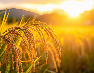 golden rice field, sunset lighting, ripe rice plants, rural landscape, autumn harvest season, warm golden hour, agricultural photography, peaceful countryside