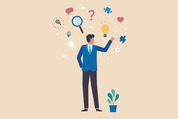 Businessman surrounded by symbols of ideas questions and solutions with a lightbulb and puzzle pieces