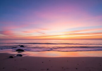 Serene beach sunset with pastel sky, gentle waves, and scattered stones