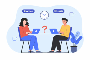 Two people working on laptops at a table with a question mark between them and the words question and ellipsis above