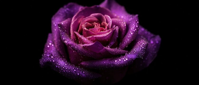 Beautiful purple rose flower with dewdrops on petals, close-up photography showcasing vibrant color and delicate details in darkness