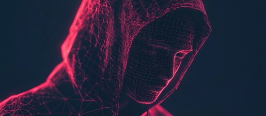 Abstract digital hacker. Cyber security concept. A man wearing a hoodie with a hidden face in front of a computer. Cyber attack and data hack. Fraud man. 3D Render illustration
