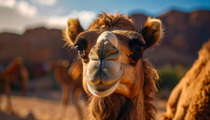 Close-up of cute and beautiful camel in the desert